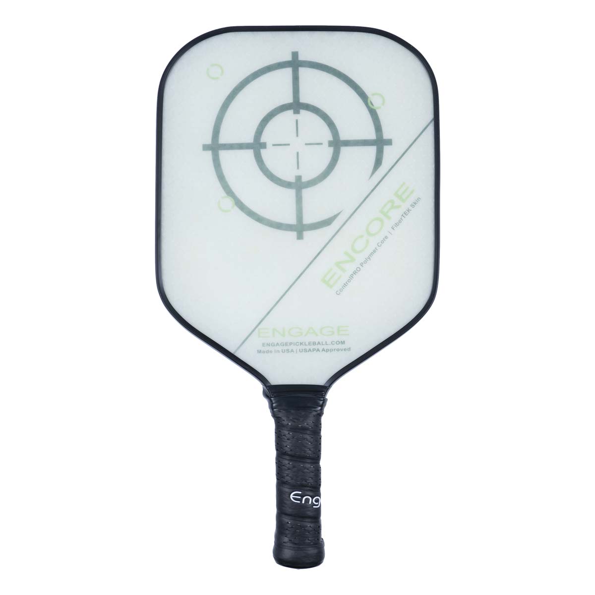 Front view of a white pickleball paddle with a target design, Encore text, and black grip.