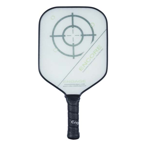 Front view of a white pickleball paddle with a target design, Encore text, and black grip.