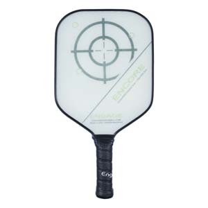 Front view of a white pickleball paddle with a target design, Encore text, and black grip.