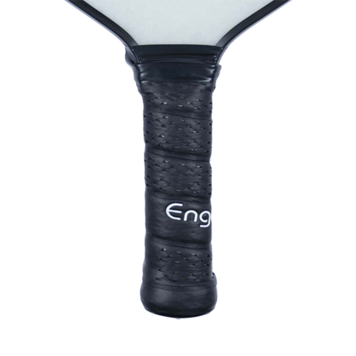 Close-up of a black pickleball paddle grip with perforated texture and Eng logo.