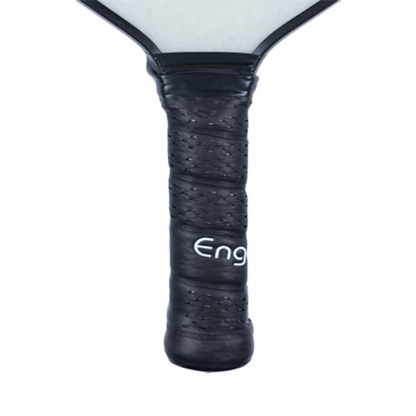 Close-up of a black pickleball paddle grip with perforated texture and Eng logo.