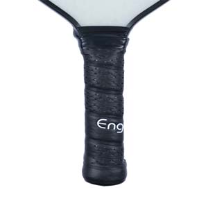 Close-up of a black pickleball paddle grip with perforated texture and Eng logo.