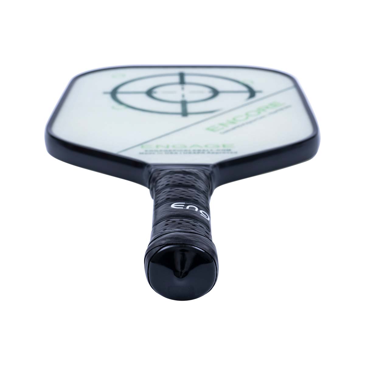 Top-down view of a white pickleball paddle with a black edge, target graphic, and Engage Encore text.