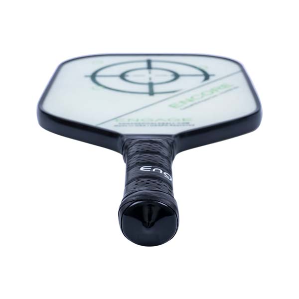 Top-down view of a white pickleball paddle with a black edge, target graphic, and Engage Encore text.