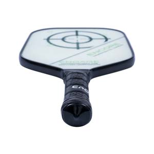 Top-down view of a white pickleball paddle with a black edge, target graphic, and Engage Encore text.