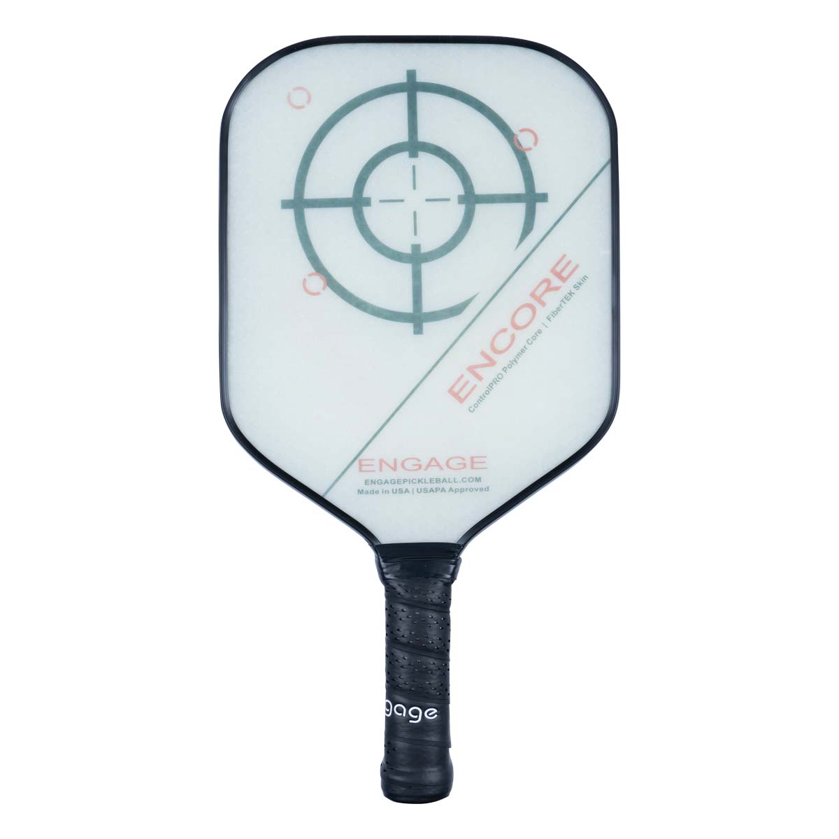 Front view of a white pickleball paddle with a target graphic, ENCORE text, and black grip.