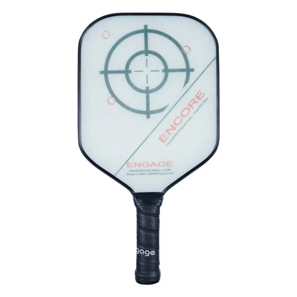 Front view of a white pickleball paddle with a target graphic, ENCORE text, and black grip.