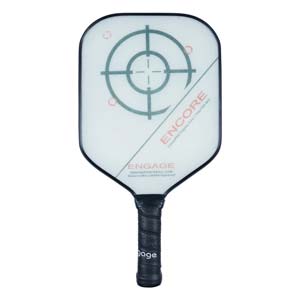 Front view of a white pickleball paddle with a target graphic, ENCORE text, and black grip.