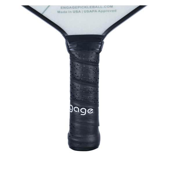 Close-up of a black pickleball paddle grip with perforations and white gage branding.
