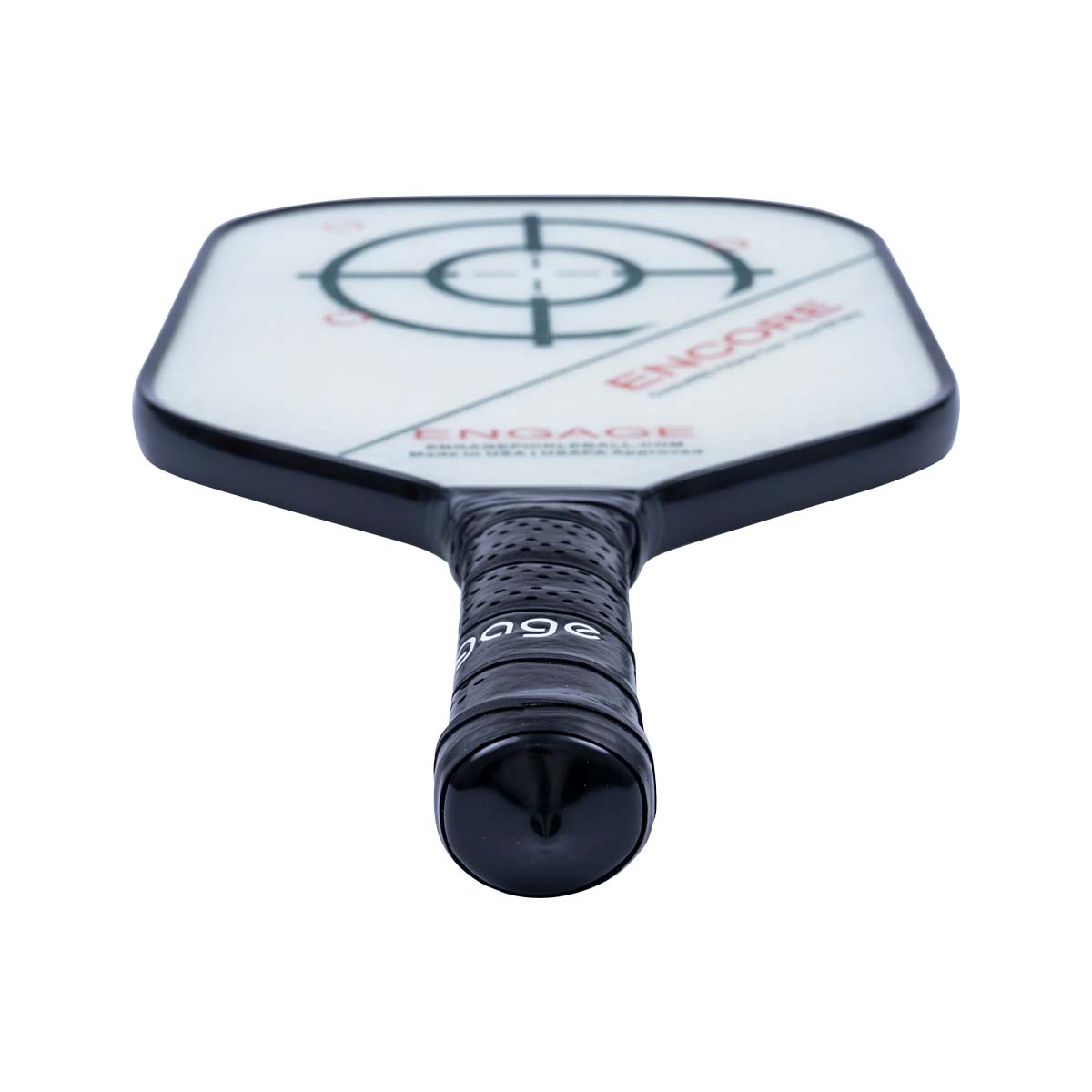 Top-down view of a white pickleball paddle with a black grip, target graphic, and ENCORE text.