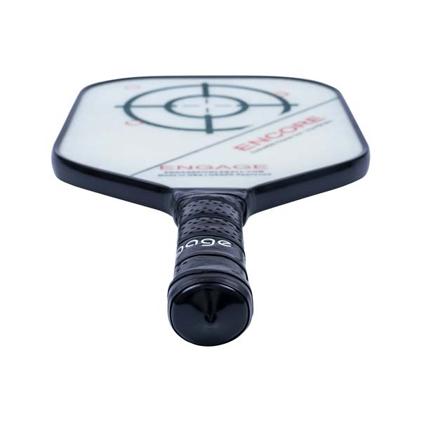 Top-down view of a white pickleball paddle with a black grip, target graphic, and ENCORE text.