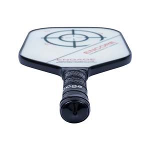 Top-down view of a white pickleball paddle with a black grip, target graphic, and ENCORE text.