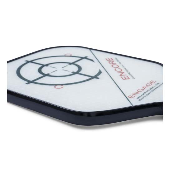 Corner view of a white pickleball paddle with a target graphic, ENCORE text, and ENGAGE logo.