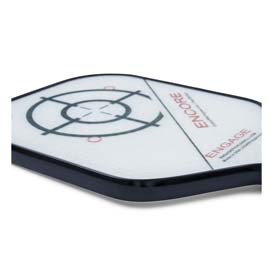 Corner view of a white pickleball paddle with a target graphic, ENCORE text, and ENGAGE logo.