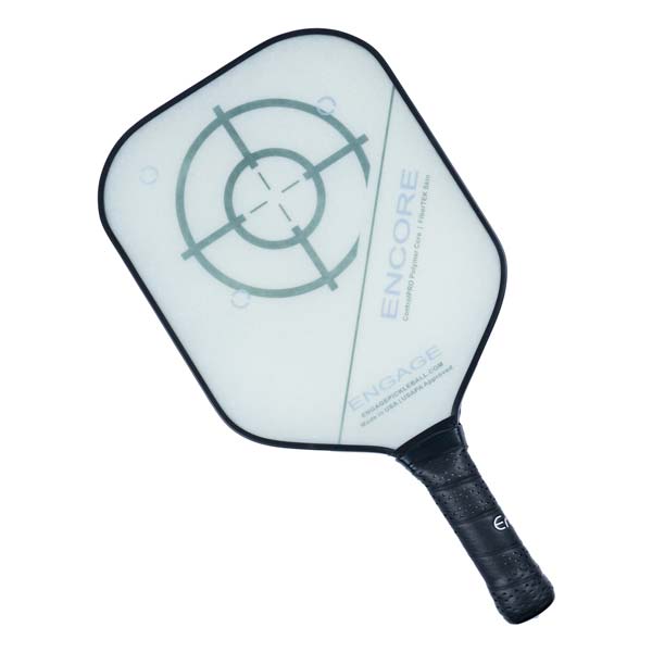 Top-down view of a white pickleball paddle with a target graphic and ENGAGE branding.