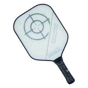 Top-down view of a white pickleball paddle with a target graphic and ENGAGE branding.