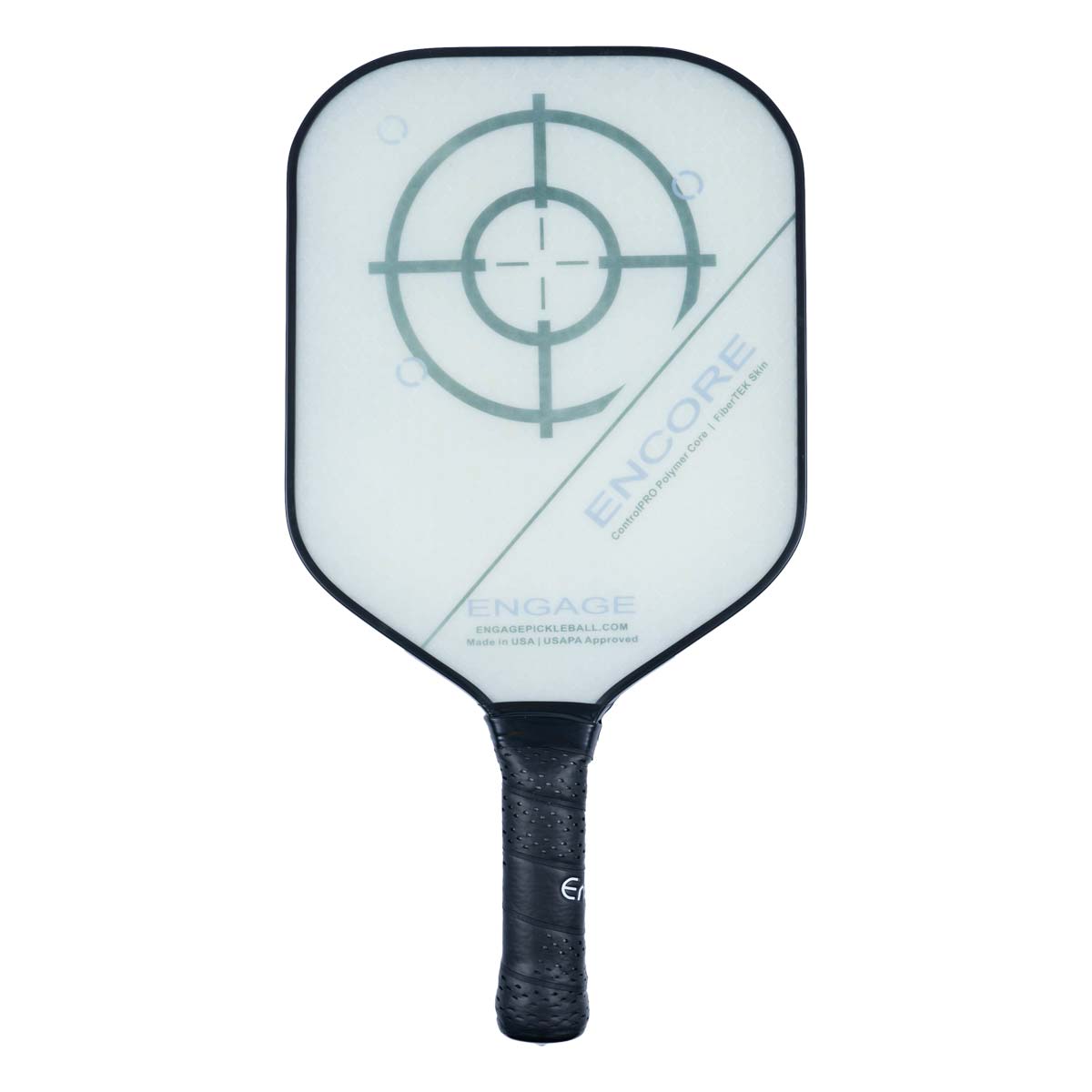 Front view of a white pickleball paddle with a target design, ENCORE text, and a black grip.