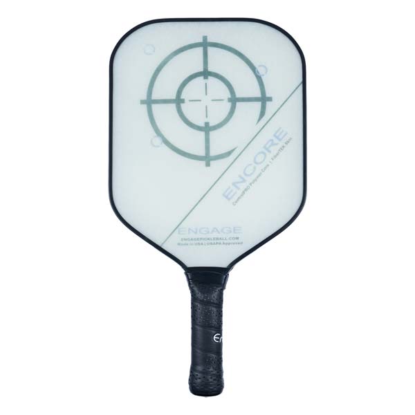 Front view of a white pickleball paddle with a target design, ENCORE text, and a black grip.