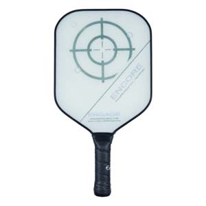 Front view of a white pickleball paddle with a target design, ENCORE text, and a black grip.