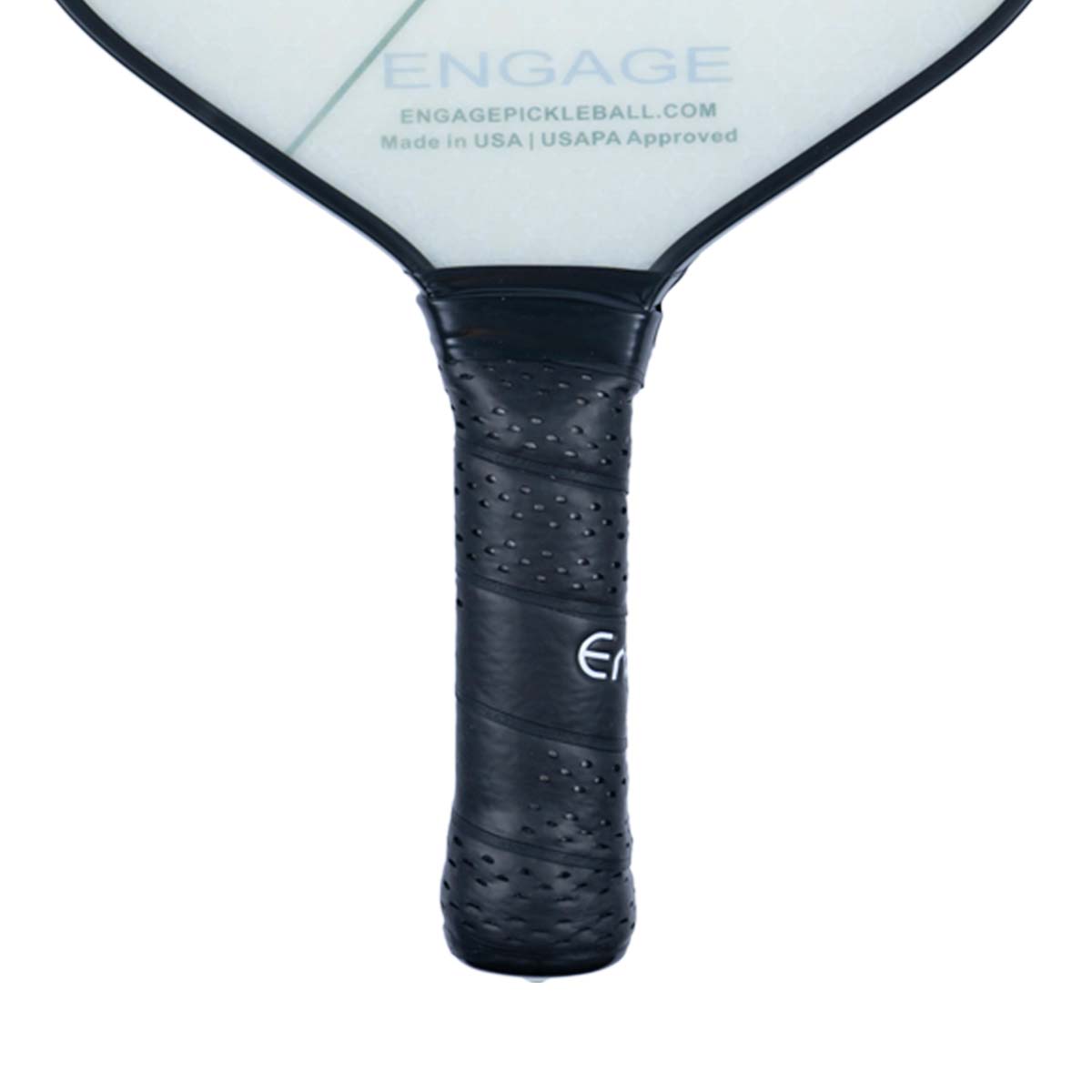 Close-up of a black pickleball paddle grip with perforations and the Engage logo.