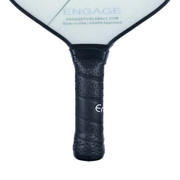 Close-up of a black pickleball paddle grip with perforations and the Engage logo.