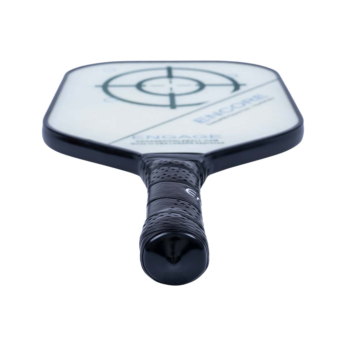 Top-down view of a white pickleball paddle with a black grip, target graphic, and ENCORE text.