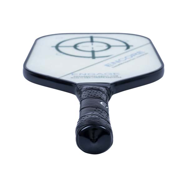Top-down view of a white pickleball paddle with a black grip, target graphic, and ENCORE text.