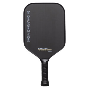 Front view of a black pickleball paddle with ENGAGE logo, PURSUIT Pro1 WIDEBODY text, and a textured grip.