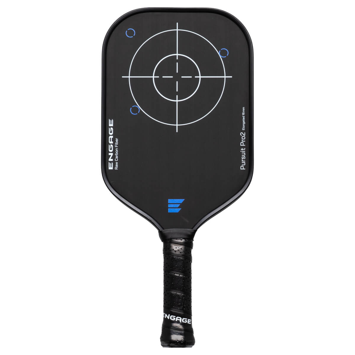 Front view of a black pickleball paddle with a target graphic, "ENGAGE" text, and blue accents.