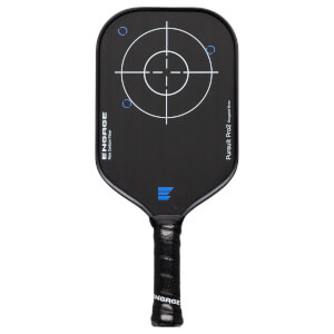 Front view of a black pickleball paddle with a target graphic, "ENGAGE" text, and blue accents.