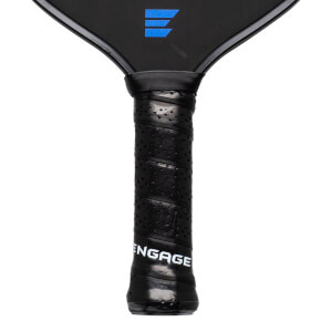 Close-up of a pickleball paddle grip showing the black textured grip with "ENGAGE" text and a blue three-bar logo on the paddle face.