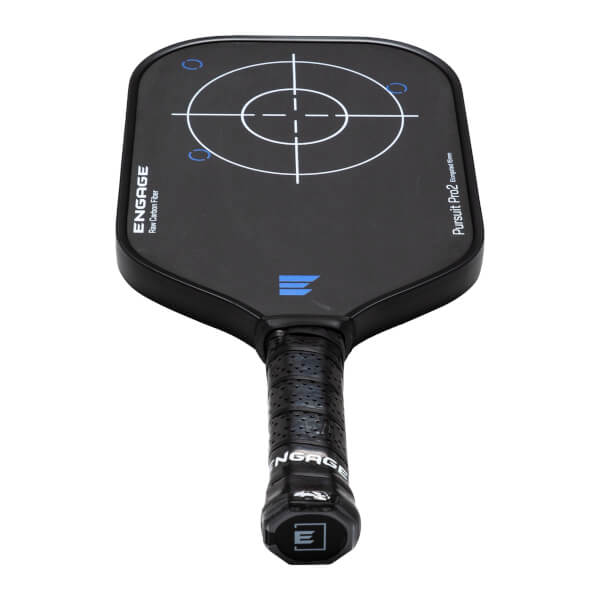 Top-down view of a black Engage pickleball paddle with a target graphic and "Pursuit Pro2 Elongated 16mm" text.