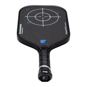 Top-down view of a black Engage pickleball paddle with a target graphic and "Pursuit Pro2 Elongated 16mm" text.