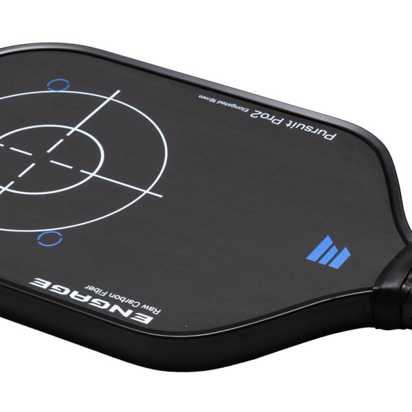 Top-down view of a black paddle with white target markings, "ENGAGE Raw Carbon Fiber," and "Pursuit Pro2 Elongated 16mm" text.