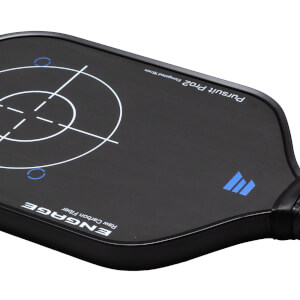 Top-down view of a black paddle with white target markings, "ENGAGE Raw Carbon Fiber," and "Pursuit Pro2 Elongated 16mm" text.