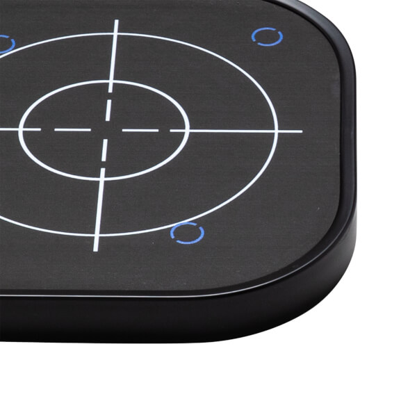 Top-down view of a black target with white crosshairs and blue circle markers.