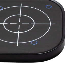 Top-down view of a black target with white crosshairs and blue circle markers.