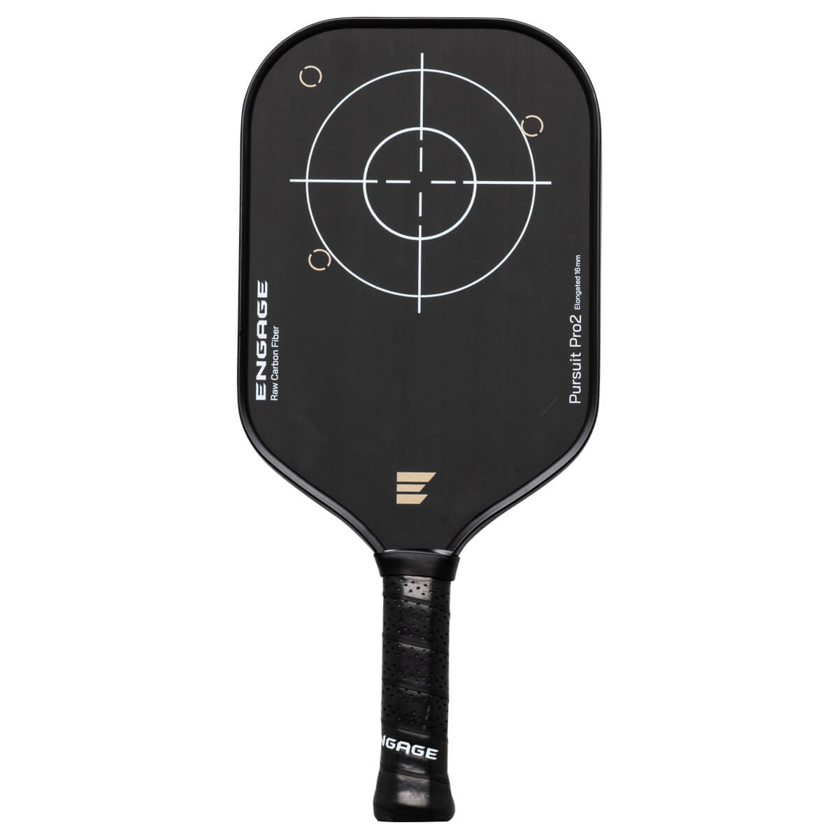 Front view of a black Engage pickleball paddle with a target graphic, "ENGAGE Raw Carbon Fiber" text, and "Pursuit Pro2 Elongated 16 mm" text.