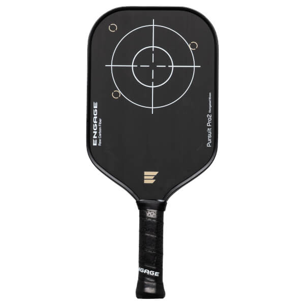 Front view of a black Engage pickleball paddle with a target graphic, "ENGAGE Raw Carbon Fiber" text, and "Pursuit Pro2 Elongated 16 mm" text.