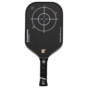 Front view of a black Engage pickleball paddle with a target graphic, "ENGAGE Raw Carbon Fiber" text, and "Pursuit Pro2 Elongated 16 mm" text.