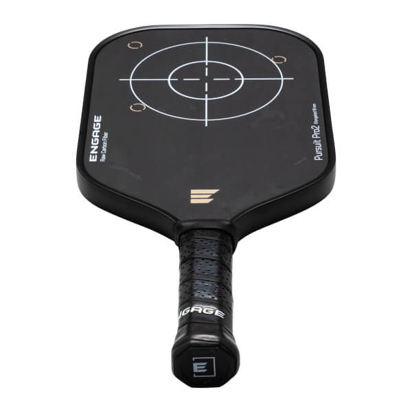 Top-down view of a black Engage Pursuit Pro2 pickleball paddle with a target graphic and "ENGAGE Raw Carbon Fiber" text.