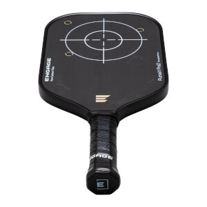 Top-down view of a black Engage Pursuit Pro2 pickleball paddle with a target graphic and "ENGAGE Raw Carbon Fiber" text.