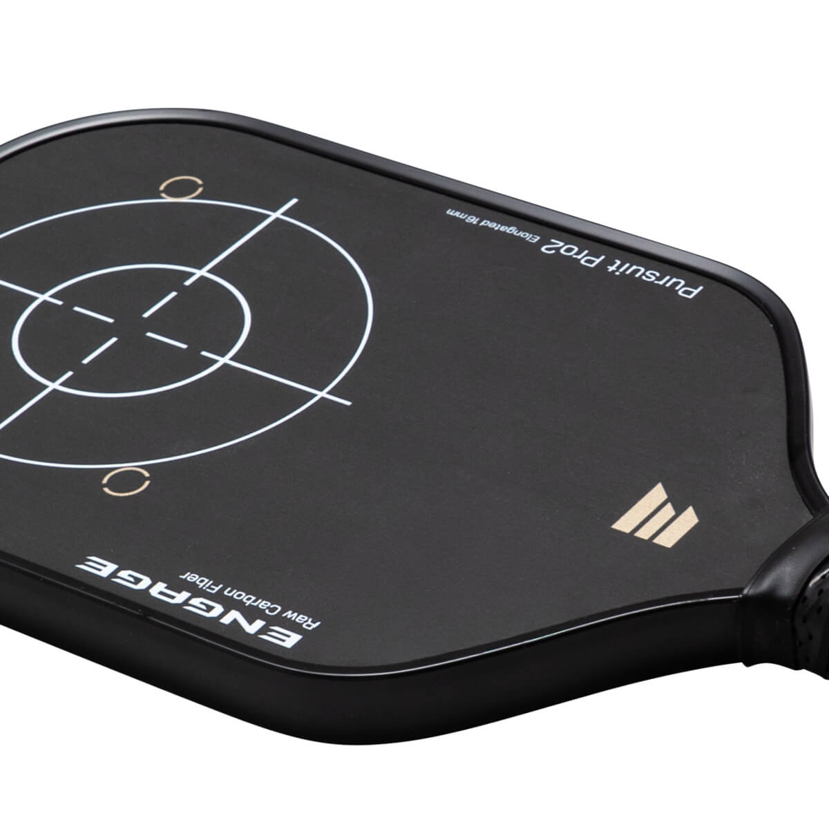 Top-down view of a black pickleball paddle with white target markings, "ENGAGE Raw Carbon Fiber," and "Pursuit Pro2 Elongated 16mm" text.