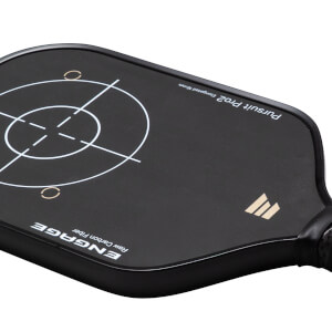 Top-down view of a black pickleball paddle with white target markings, "ENGAGE Raw Carbon Fiber," and "Pursuit Pro2 Elongated 16mm" text.