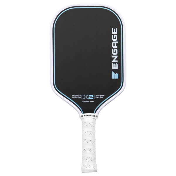 Front view of a black Engage X2 Elongated 16mm pickleball paddle with light blue accents, a white edge guard, and a white perforated grip.