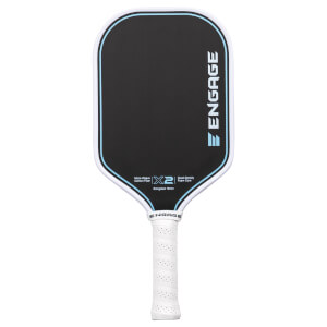 Front view of a black Engage X2 Elongated 16mm pickleball paddle with light blue accents, a white edge guard, and a white perforated grip.