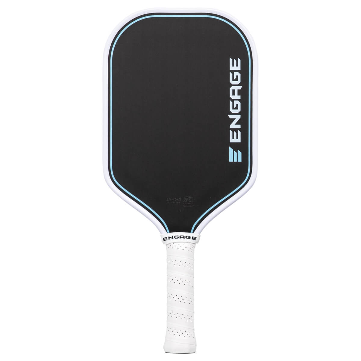 Front view of a black pickleball paddle featuring a light blue border, white edge guard, white perforated grip, and the word ENGAGE printed vertically on the face.