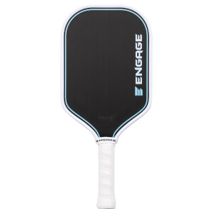 Front view of a black pickleball paddle featuring a light blue border, white edge guard, white perforated grip, and the word ENGAGE printed vertically on the face.