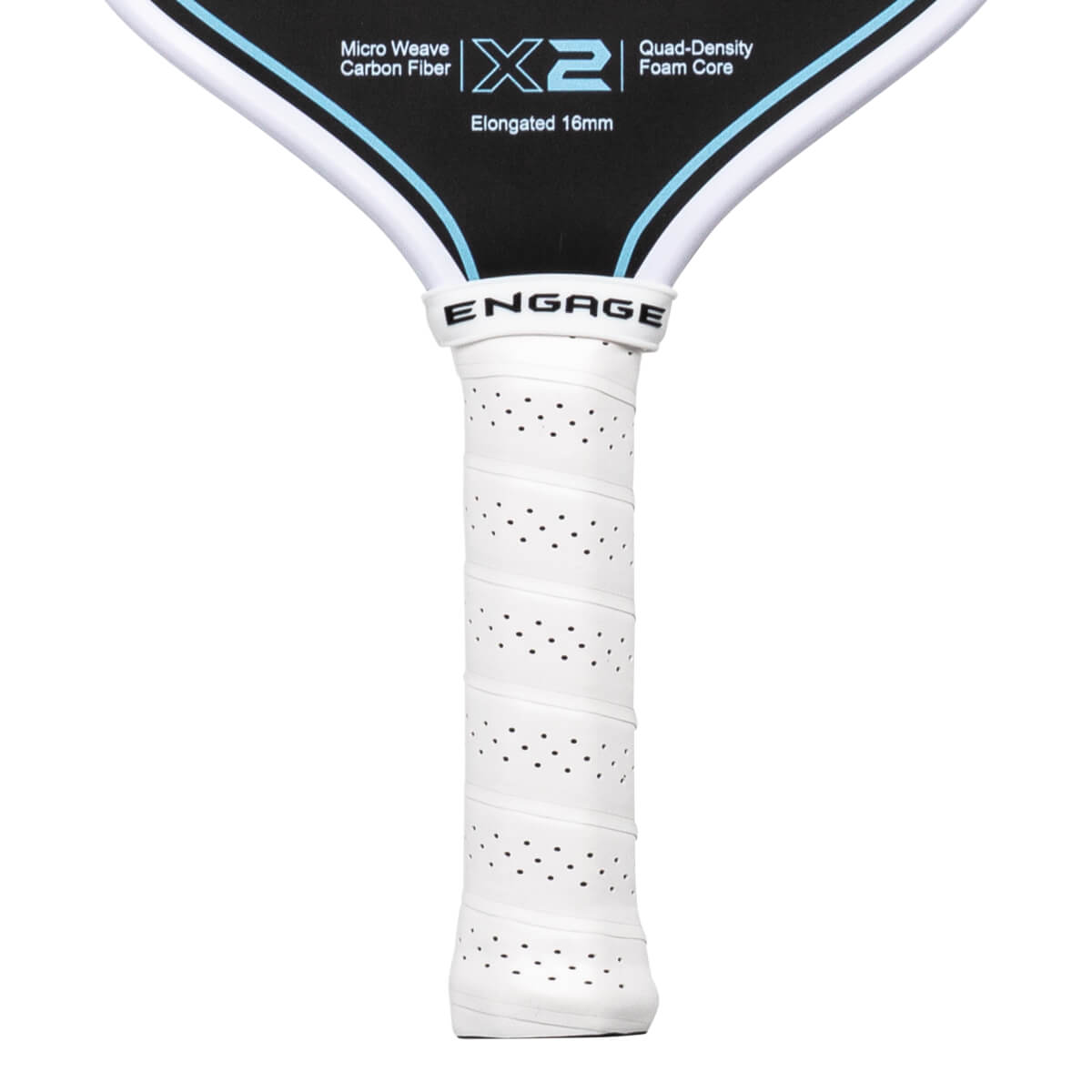 Close-up of the white perforated handle and black face featuring the ENGAGE brand name, blue X2 logo, and text for Elongated 16mm and Quad-Density Foam Core.
