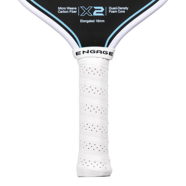 Close-up of the white perforated handle and black face featuring the ENGAGE brand name, blue X2 logo, and text for Elongated 16mm and Quad-Density Foam Core.